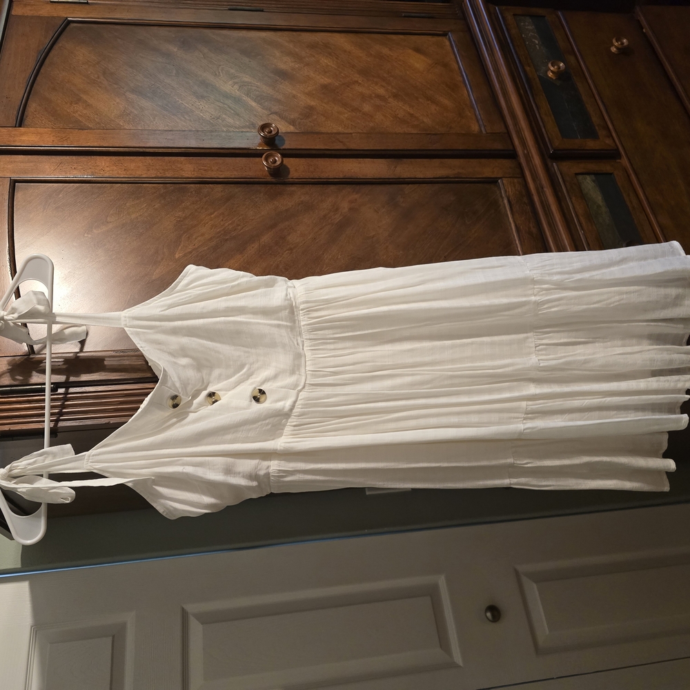 White Tie Strap Dress with Button Detail